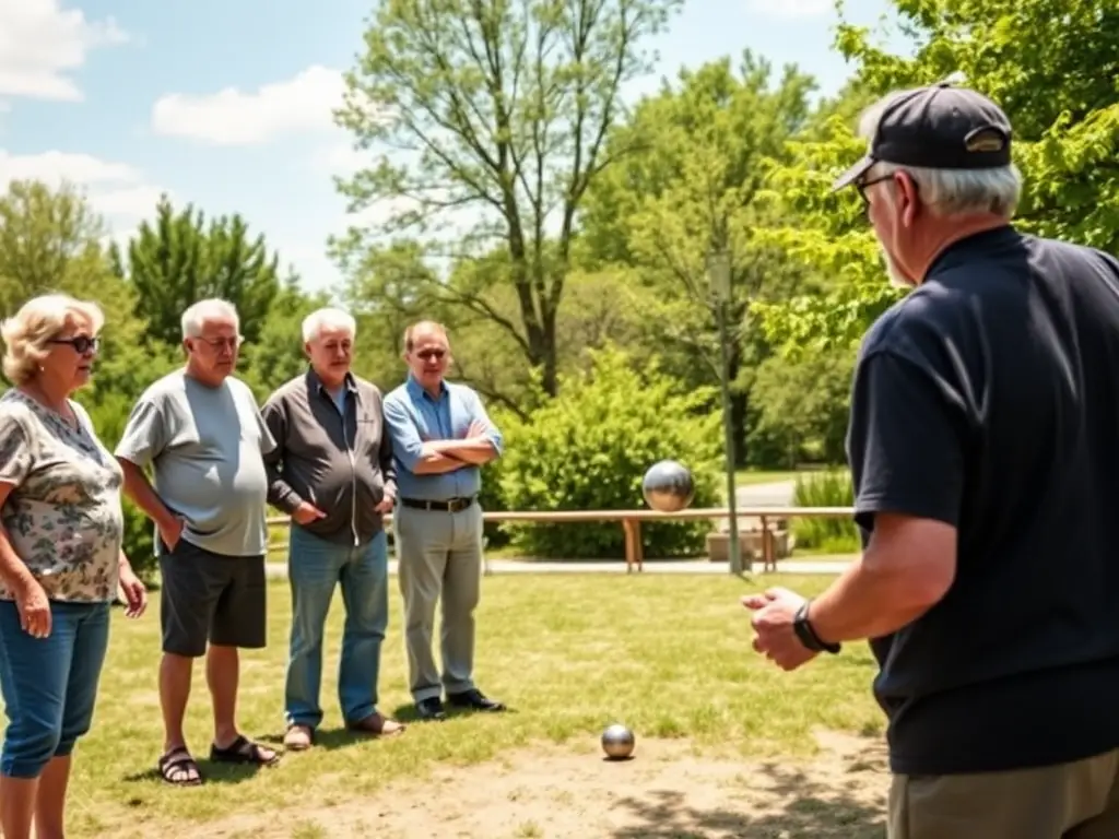 An instructor demonstrating pétanque techniques to a group of eager learners.