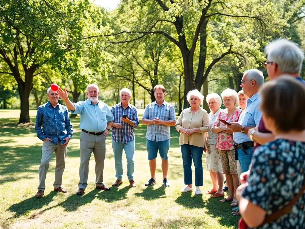 An instructor demonstrating a pétanque throwing technique during a workshop, with participants attentively watching and learning.