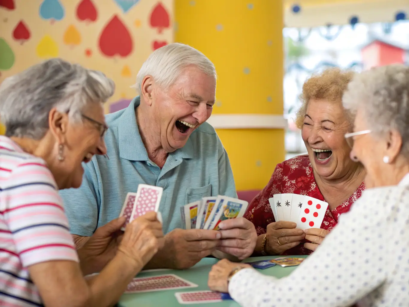 A group of seniors laughing and playing pétanque in a park, focusing on the joy and social interaction of the game.